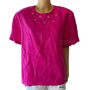 VTG ONI WEAR Silk Blouse Short Sleeve Shirt Hot Pink Women's XL Barbiecore New